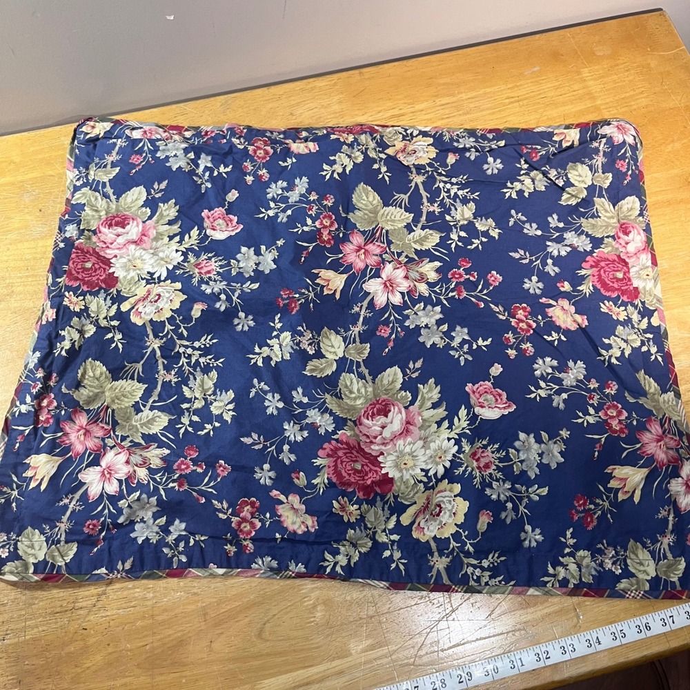 Chaps Ralph Lauren Cape Cod Pillow Sham Standard Navy Blue Vtg Floral Plaid